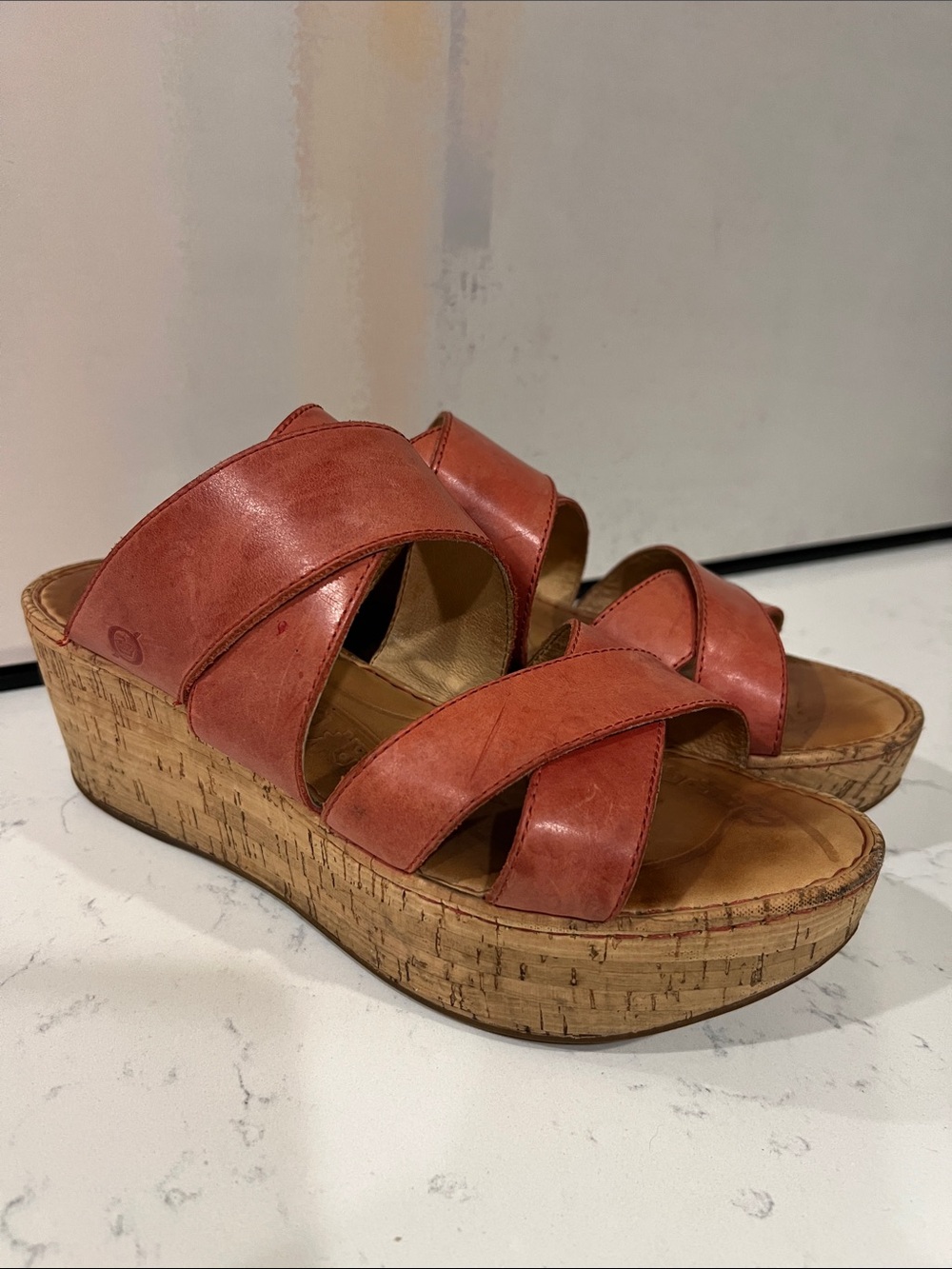 Børn coral leather cork wedge slide sandals size 10